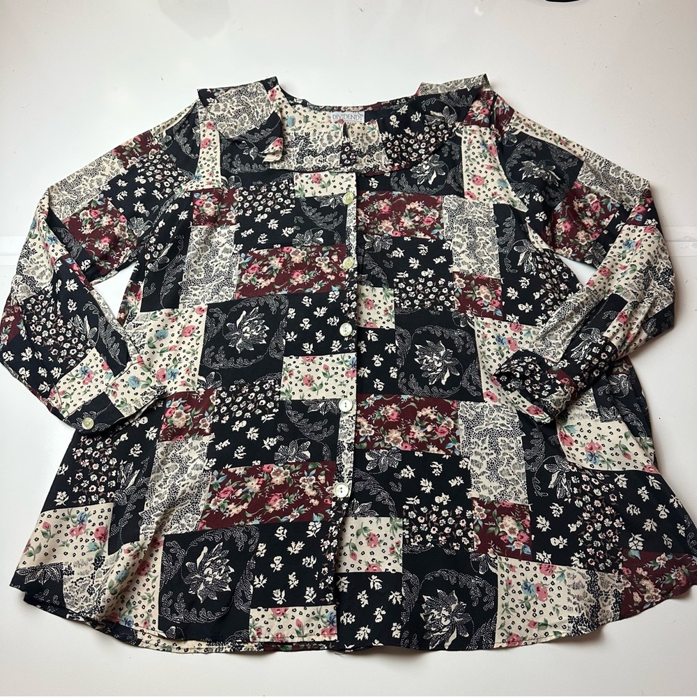 Vintage 90s Dividends Maternity Patchwork Floral Blouse Acetate Rayon cottage
